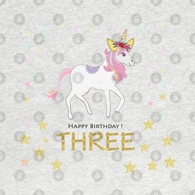 Third birthday. Three. Unicorn Birthday invitation. Party invitation greeting card by GULSENGUNEL